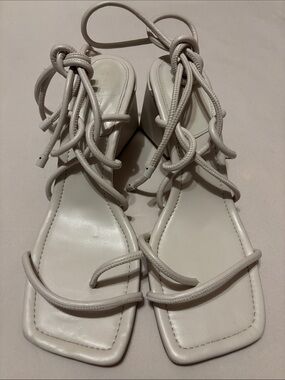 Schutz White Leather Fernanda Square Toe Lace Up Heels Size 10